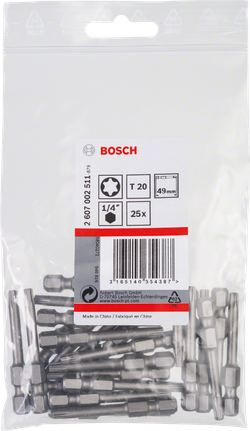 Bosch T20 25-teiliges 49-mm-Schraubendreherbit-Set., Schrauberbits, Torx T20, 1/4-Zoll-Schaft, 25 Stück, Metall