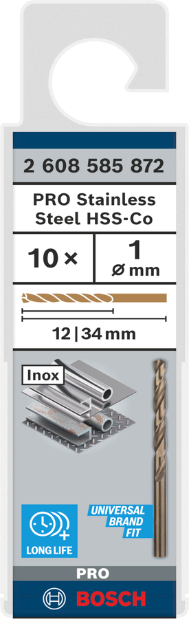 Object #200468601: 2608585872_bo_pro_p_f_1, HSS-Co-Bohrer, Edelstahl, Spiralbohrer, 10er-Set, 1 mm Durchmesser