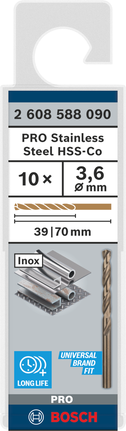 Foret hélicoïdal Bosch PRO en acier inoxydable HSS-Co 3,6 mm, paquet de 10., Metallbohrer, HSS-Co, Edelstahl, 3,6 mm, 10er-Set