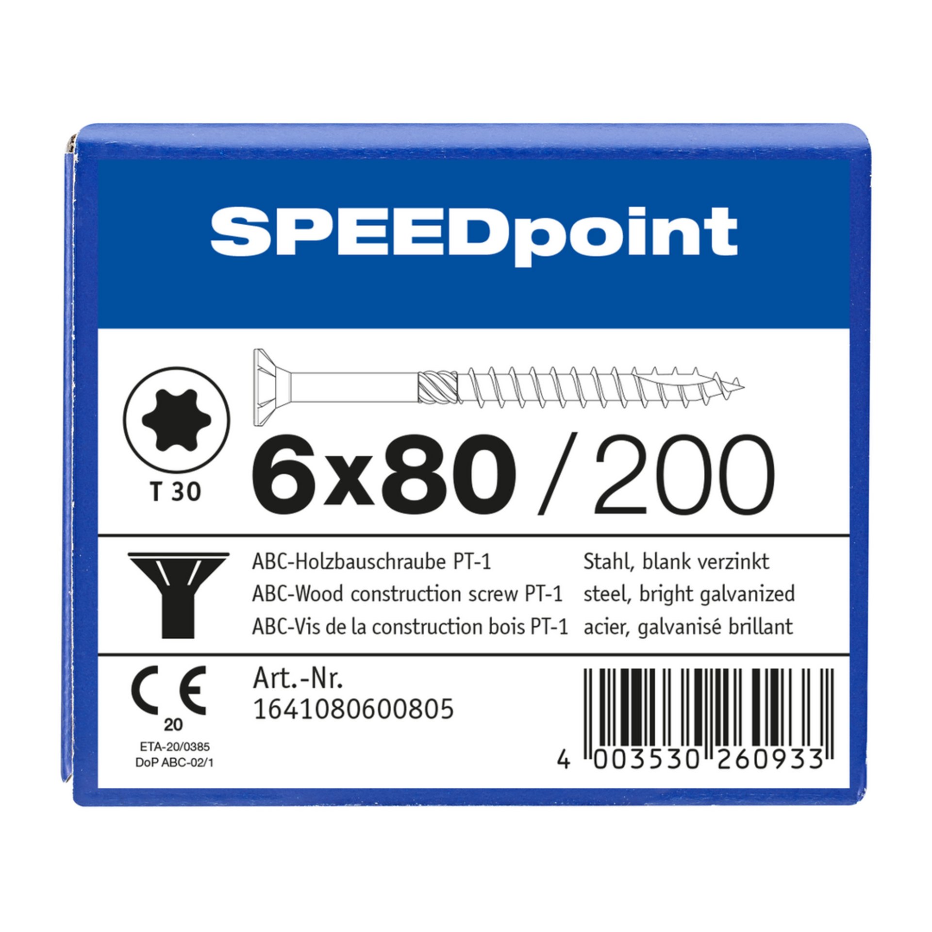 ABC SPEEDpoint Holzbauschraube Senkkopf T30 Teilgewinde Schabenut A2J 6x80mm (200)