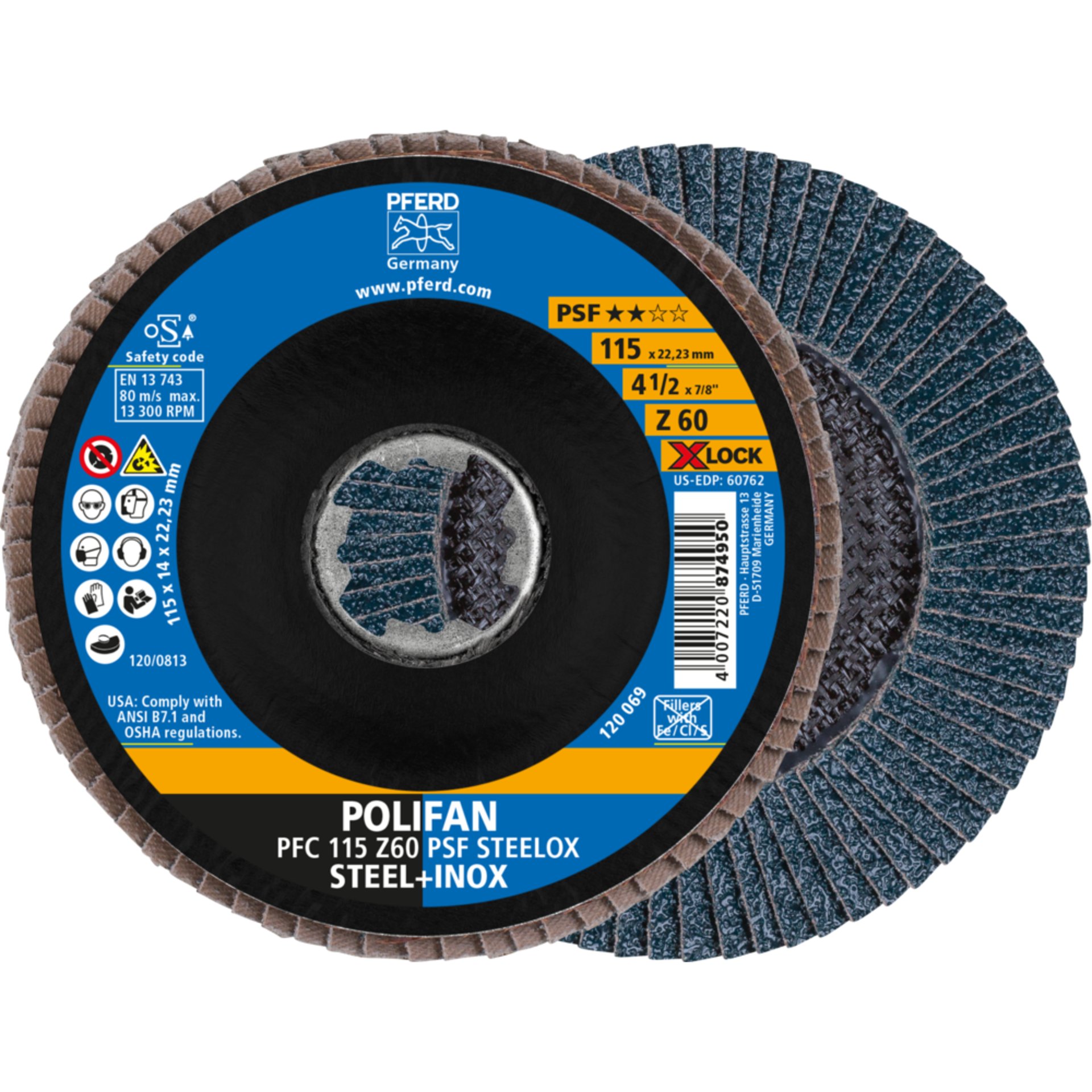 Pferd POLIFAN Fächerscheibe PFC 115 mm X-LOCK konisch Z60 Uni.-Linie PSF STEELOX