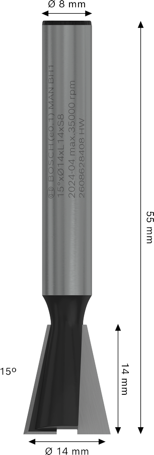 PRO Router Bit, Senker, Hartmetall, Zylinderschaft, 8 mm Schaft, 14 mm Durchmesser