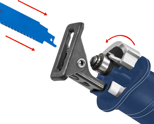 Reciprocating saw with detached blade ready for installation.