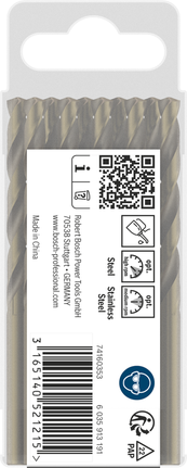 Bosch PRO HSS-Co twist drill bit set for stainless steel.