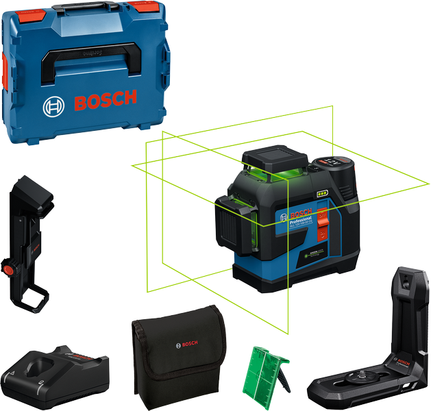 Bosch GLL 12V-100 laser leveling tool with accessories., Linienlaser, grüne Laserlinien, Messgerät, Transportkoffer, Zubehör