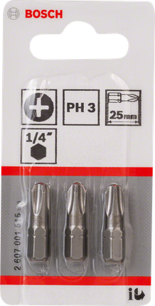 Bosch PH3 screwdriver bits set 25mm for 1/4 inch hex., Schrauberbits, PH3, 1/4 Zoll, 25 mm, 3er-Set