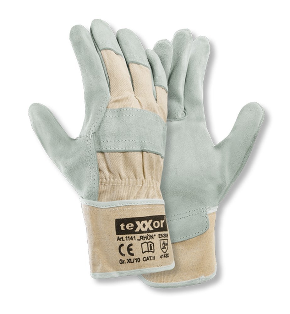 teXXor® Rindkernspaltleder-Handschuhe RHÖN 12, Leder natur/Drell weiß