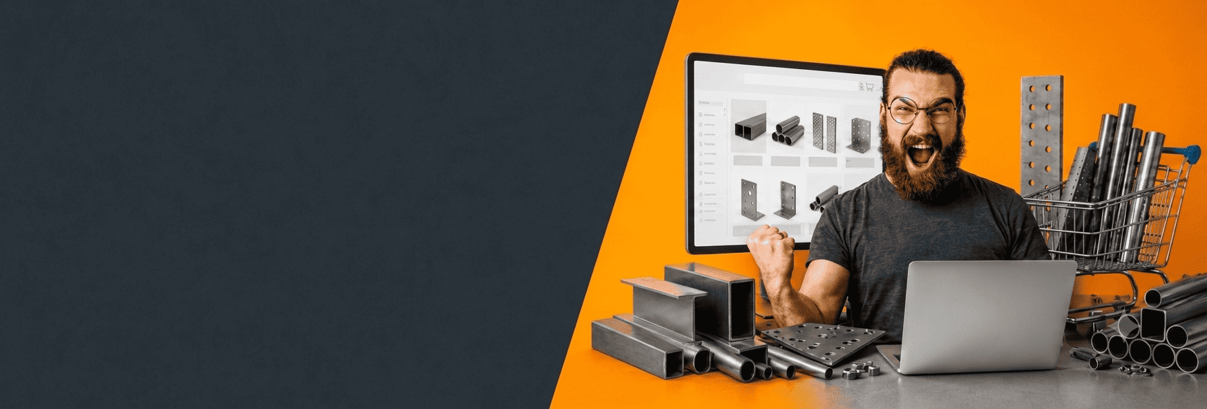 Metall, Werkzeug, Schrauben, Handwerker, Einkaufswagen, Metall, Stahl, Werkstatt, Mann, Laptop, metallrohre, blechstahl, schrauben, werkzeug, arbeitsplatz