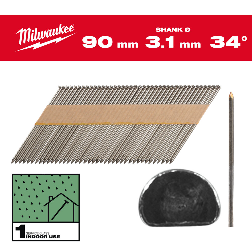 Milwaukee D-Kopf-Nägel 34° 90mm Glattschaft Stahl blank 2.200 Stück