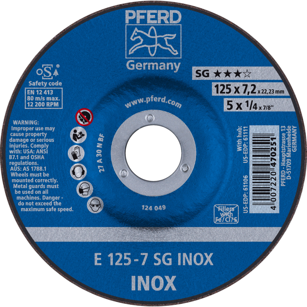 Pferd Schruppscheibe E 125x7,2x22,23 mm Leistungslinie SG INOX für Edelstahl