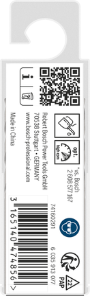 Packung mit Bosch PRO Metal HSS-G Bohrern 2,9 mm., Produktetikett, QR-Code, Barcode, weißes Papier