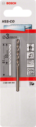 Bosch HSS-Co Metallbohrer 3mm DIN 338., Metallbohrer, HSS-Co, 3 mm, Spiralbohrer, DIN 338