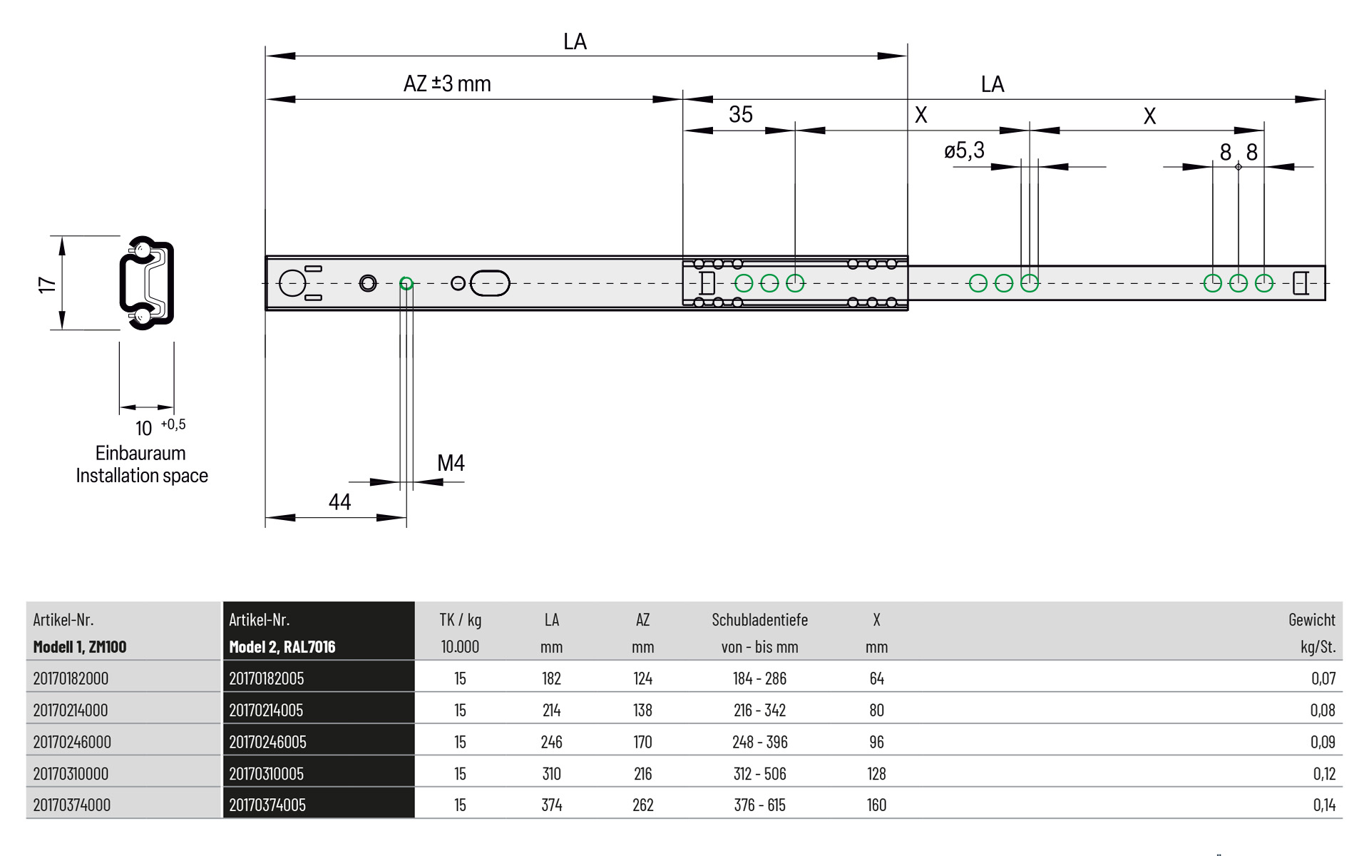 Schiebleiste, Metallführung, Gehäuse, Montageabstand, Ø5,3mm