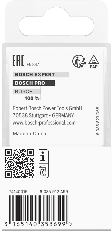 PRO Router Bit, Kunststoffverpackung, Hängeverpackung, Bosch Pro, Barcode, Recyclingzeichen