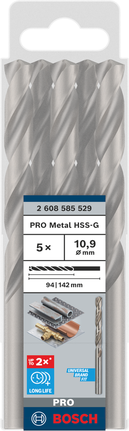 Bosch PRO Metal HSS-G Spiralbohrer 10,9 mm, in Verpackung., Metallbohrer, HSS-G, Spiralbohrer, Silberfarben, 5er-Set