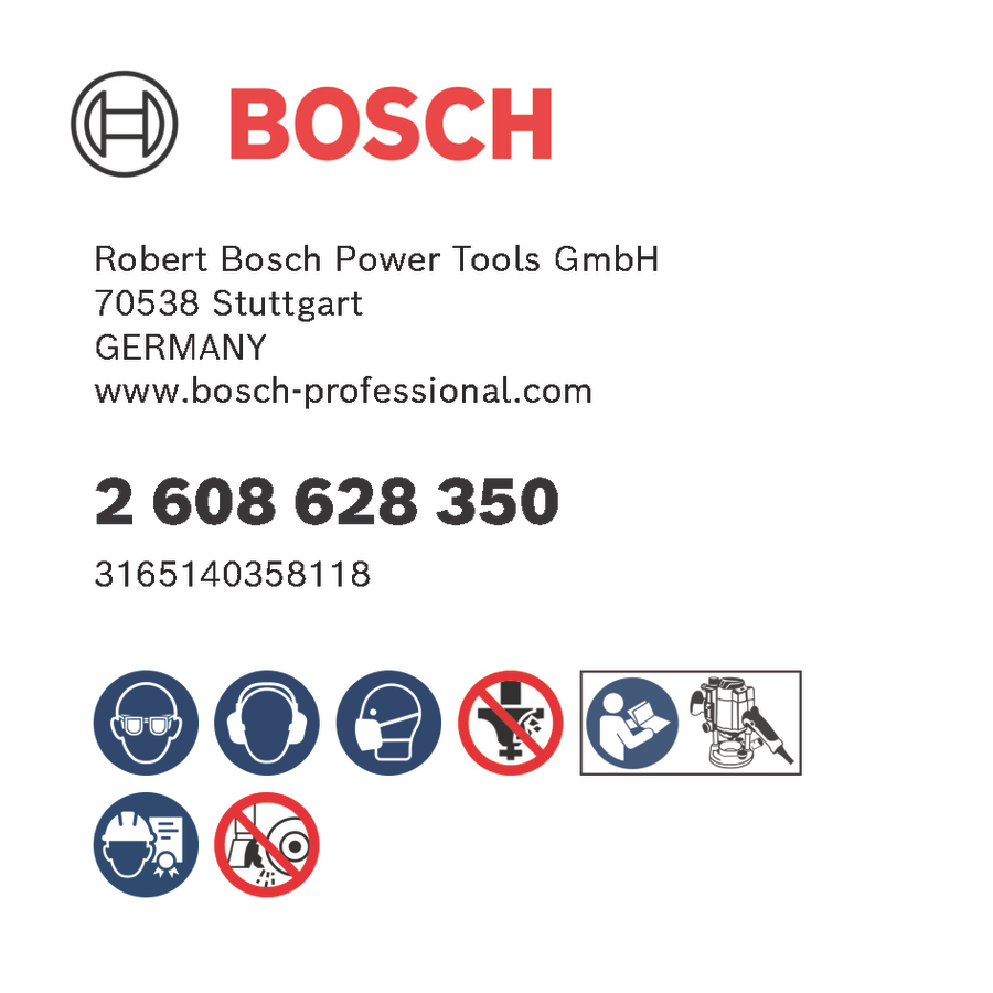 Object #200520101: 2608628350_bo_pro_g_f_1, Bosch-Etikett, Sicherheitshinweise, Schutzbrille, Gehörschutz, Maschinenhinweis