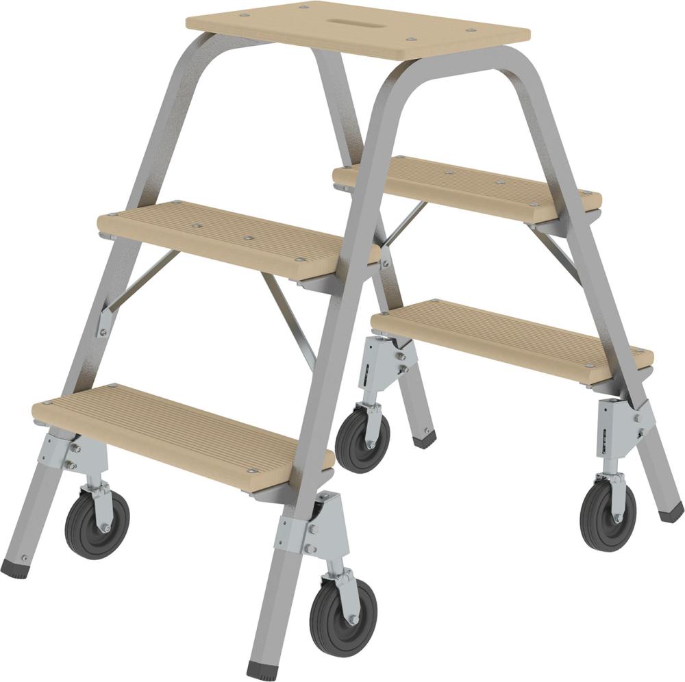 MUNK Stahl-Holz-Tritt fahrbar 3 Holzstufen 4 BockrollenHöhe Deckbrett 0,73 m Arbeitshöhe bis 2,60 m