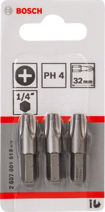 Bosch PH4 Schraubendreherbits 32 mm, Dreierpackung., Bosch Schrauberbits, Kreuzschlitz PH4, 1/4 Zoll, 32 mm, Metall