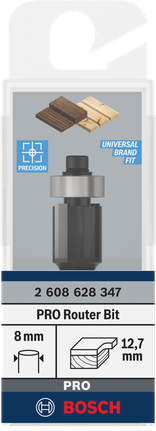 Bosch PRO Router Bit Bottom Bearing Flush Trim 12.7 mm., Oberfräser, Metall, schwarz, 8-mm-Schaft, 12,7 mm