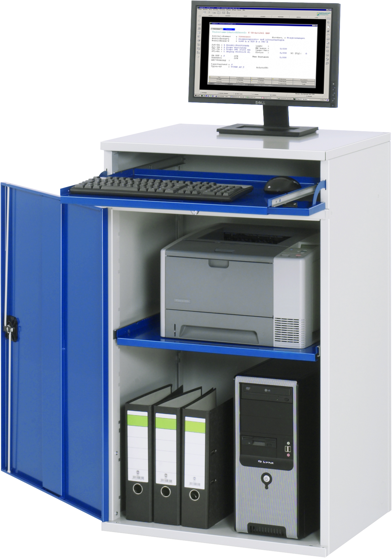 Rau Computer-Schrank Modell 60 stationär 650x520x1060mm lichtgrau/enzianblau Stahl, computertisch, drucker, bildschirm, tastatur, desktop-tower