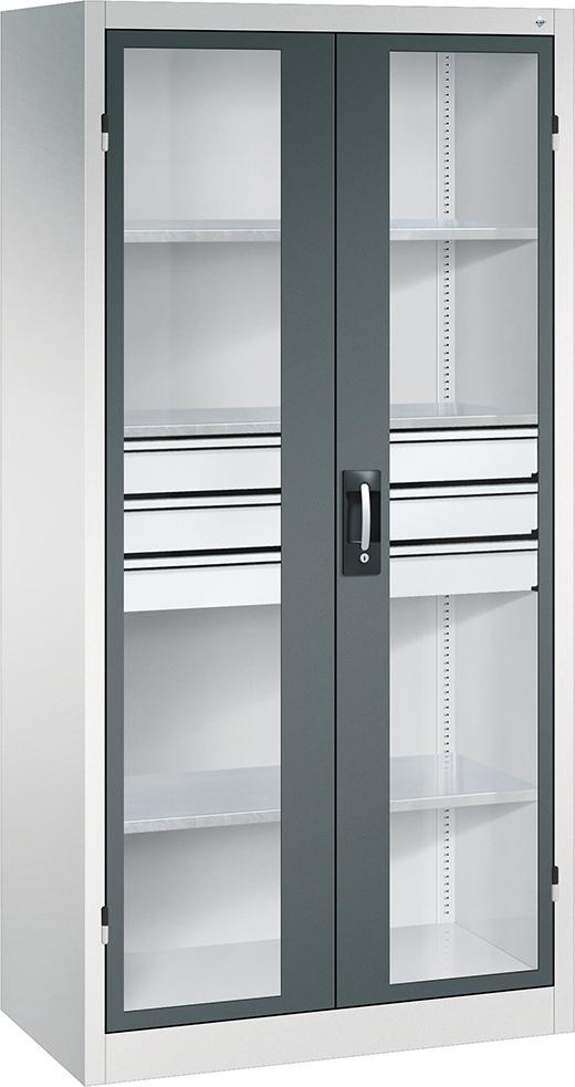 Produktbild CP Schwerlastschrank, mit Flügeltüren und Schubladenblock mittig, RAL 7035/7016