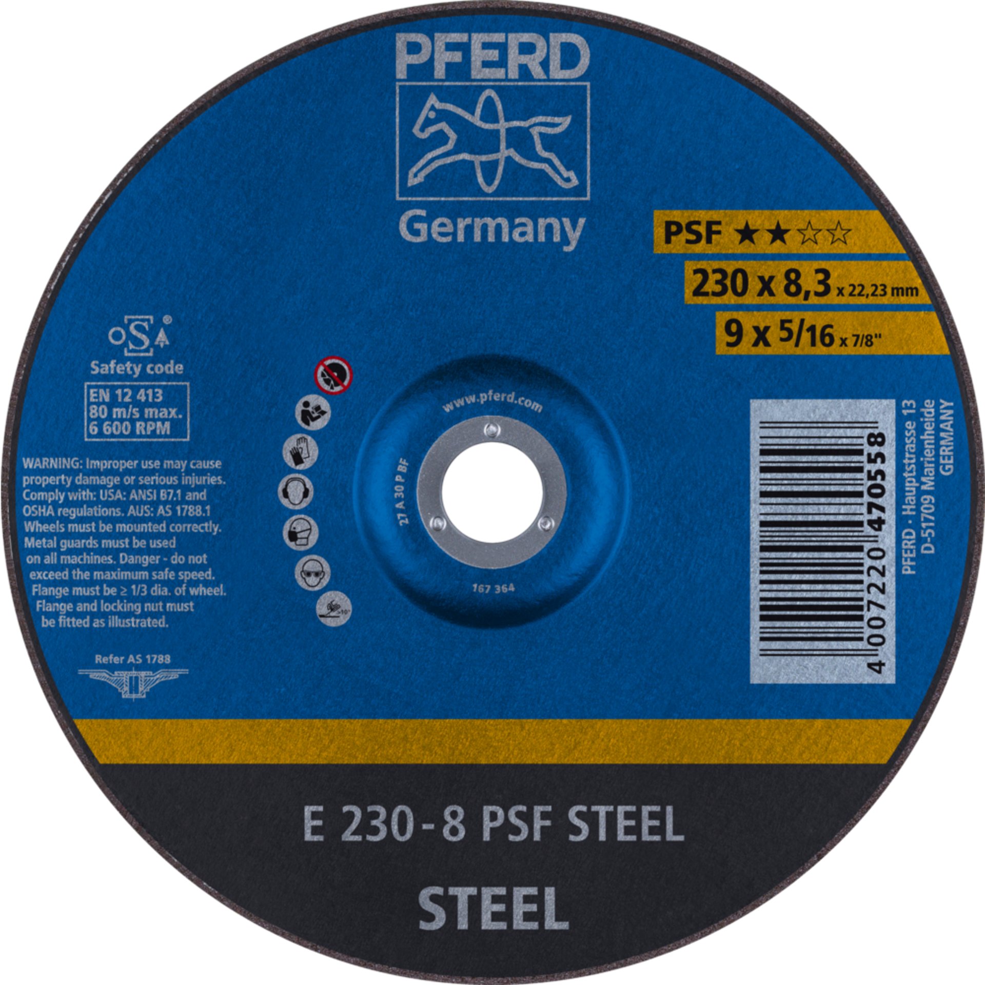 Pferd Schruppscheibe E 230x8,3x22,23 mm Universallinie PSF STEEL für Stahl