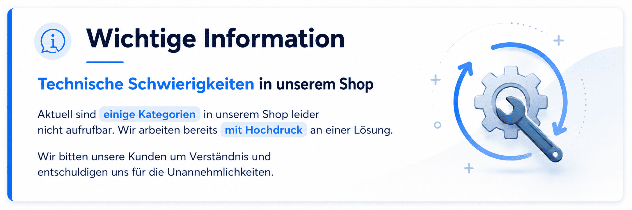 Technische Schwierigkeiten, Shop, Lösung, Kategorien, Hochdruck, Technische Schwierigkeit, Shop Hinweis, Kategorie, Hochdruck, Lösung