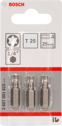 Bosch T25 25mm screwdriver bits set of three., Torx-Bits, T25, 25 mm, 1/4-Zoll-Sechskant, 3er-Set