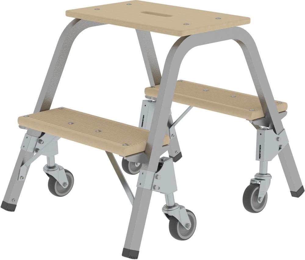 MUNK Stahl-Holz-Tritt fahrbar 2 Holzstufen 4 LenkrollenHöhe Deckbrett 0,49 m Arbeitshöhe bis 2,40 m