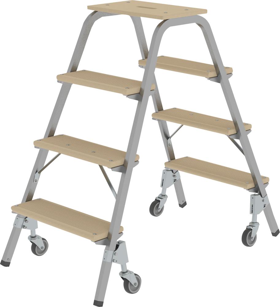 MUNK Stahl-Holz-Tritt fahrbar 4 Holzstufen 4 LenkrollenHöhe Deckbrett 0,97 m Arbeitshöhe bis 2,80 m