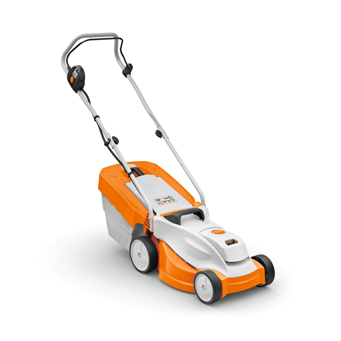 RMA 235 ohne Akku und Ladegerät, Rasenmäher, Elektromäher, Grasfangkorb, orange-weiß, Schiebebügel