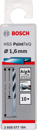 Bosch HSS Spiralbohrer PointTeQ 1,6 mm für Hochgeschwindigkeitsbohren., Metallbohrer, HSS-Stahl, 1,6 mm, 10er-Pack, Bosch