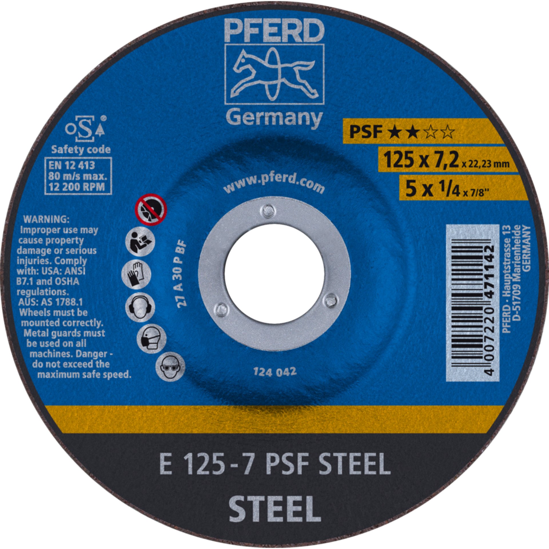 Pferd Schruppscheibe E 125x7,2x22,23 mm Universallinie PSF STEEL für Stahl (10)