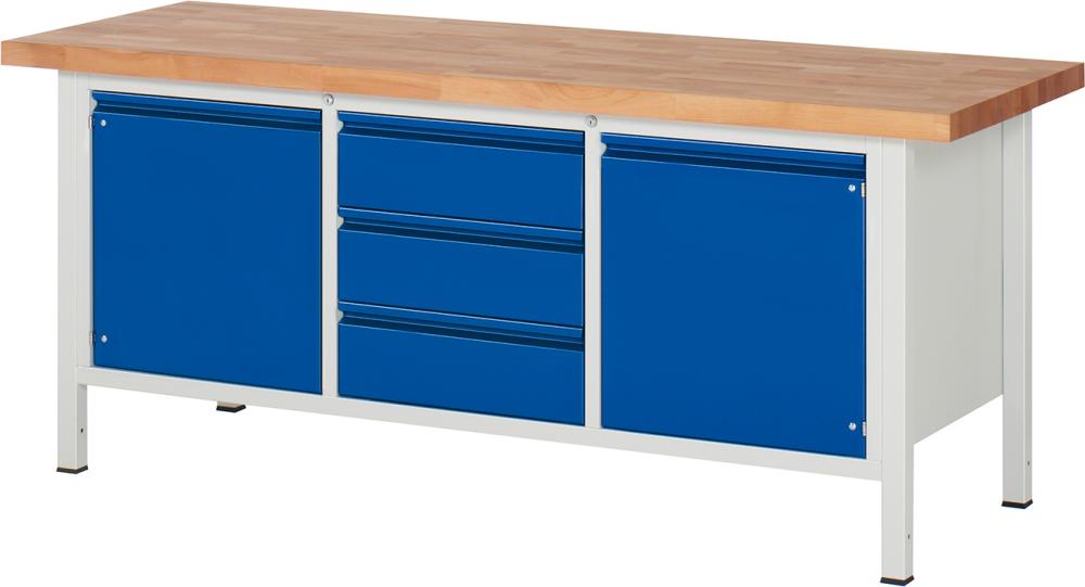 RAU Werkbank Basic B2000xT700xH840mm RAL 7035/5010 BMP: 40 mm 3 Schubladen,2 Türen