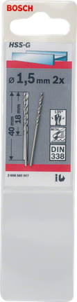 Bosch Metallbohrer HSS-G 1,5 mm DIN 338 Packung., Metallbohrer, HSS-G, 1,5 mm, 2er-Set, DIN 338