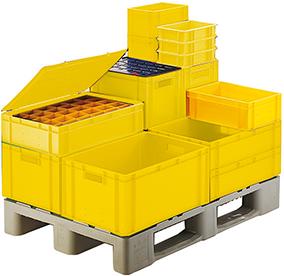LA-KA-PE Transport-Stapelkasten, Wände und Boden geschlossen, mit und ohne Grifflochung, gelb