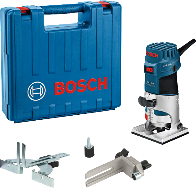 Bosch GKF 600 Handfräse-Set mit Koffer und Zubehör., Kantenfräse, Kunststoffkoffer, blau-schwarz, Aluminiumfußplatte, Zubehörteile