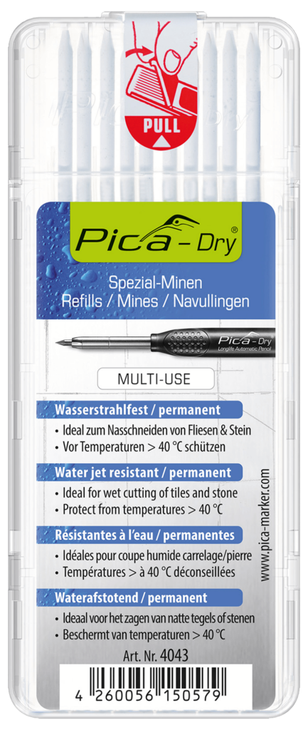 Pica DRY Spezialminen weiß 4043 10 Stück Wasserstrahlfest, Pica-Dry, Nachfüllminen, Minen, Nagelwerkzeug, Permanent