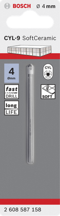 Bosch CYL-9 Keramikfliesenbohrer 4 mm für weiche Fliesen., Keramikbohrer, 4 mm, SoftCeramic, Zylinderschaft, Bosch