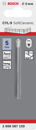 Bosch CYL-9 Keramikfliesenbohrer 5 mm für weiche Fliesen., Keramikbohrer, 5 mm, Zylinderschaft, SoftCeramic, Silberfarben