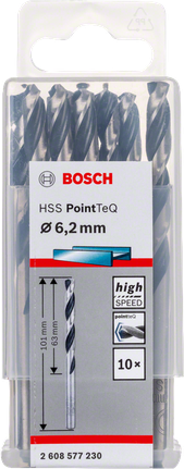 Jeu de forets hélicoïdaux Bosch HSS PointTeQ 6,2 mm., Metallbohrer, Spiralbohrer, HSS-Stahl, 6,2 mm, 10er-Pack