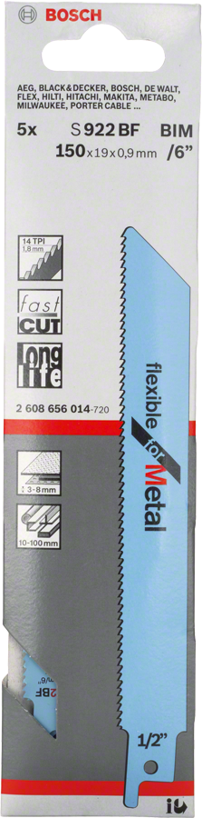 Bosch S 922 BF flexible metal saw blade 150mm., Sägeblätter, Metall, Bimetall, 5 Stück, 150 mm