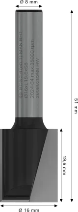 Bosch PRO freesbit met rechte kop, twee snijkanten, 16x19,6 mm.