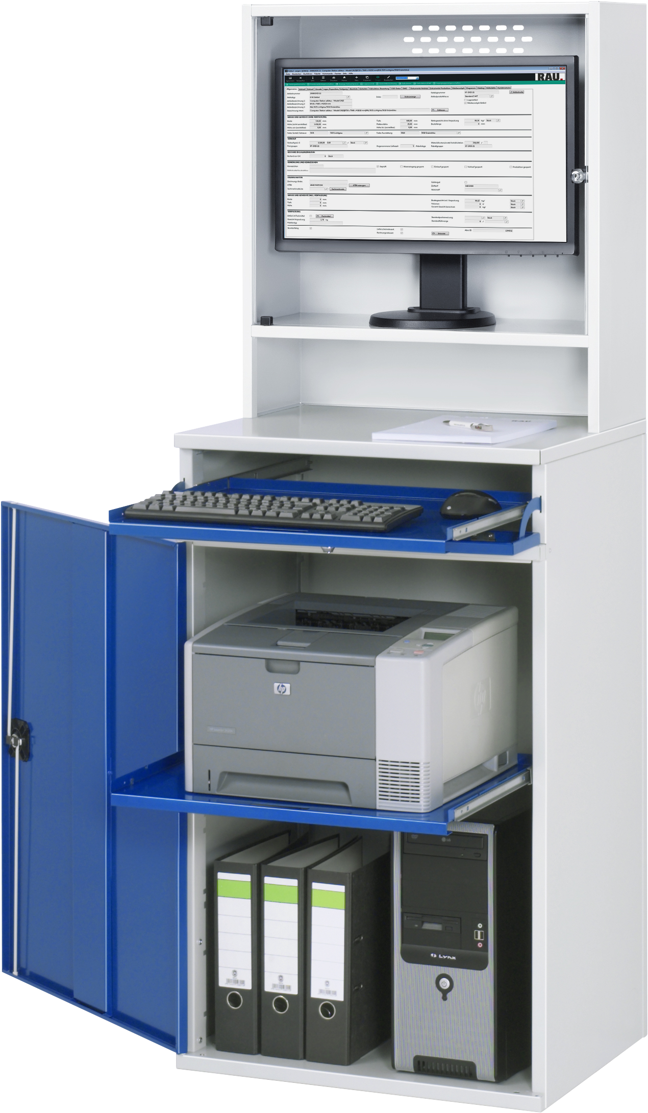 Rau Computerschrank Modell 65 mit Monitorgehäuse, B650xT520xH1860mm, stationär, abschließbar, PC-Ständer, Computertisch, Server-Schrank, Büro-Schrank, Hardware-Rack