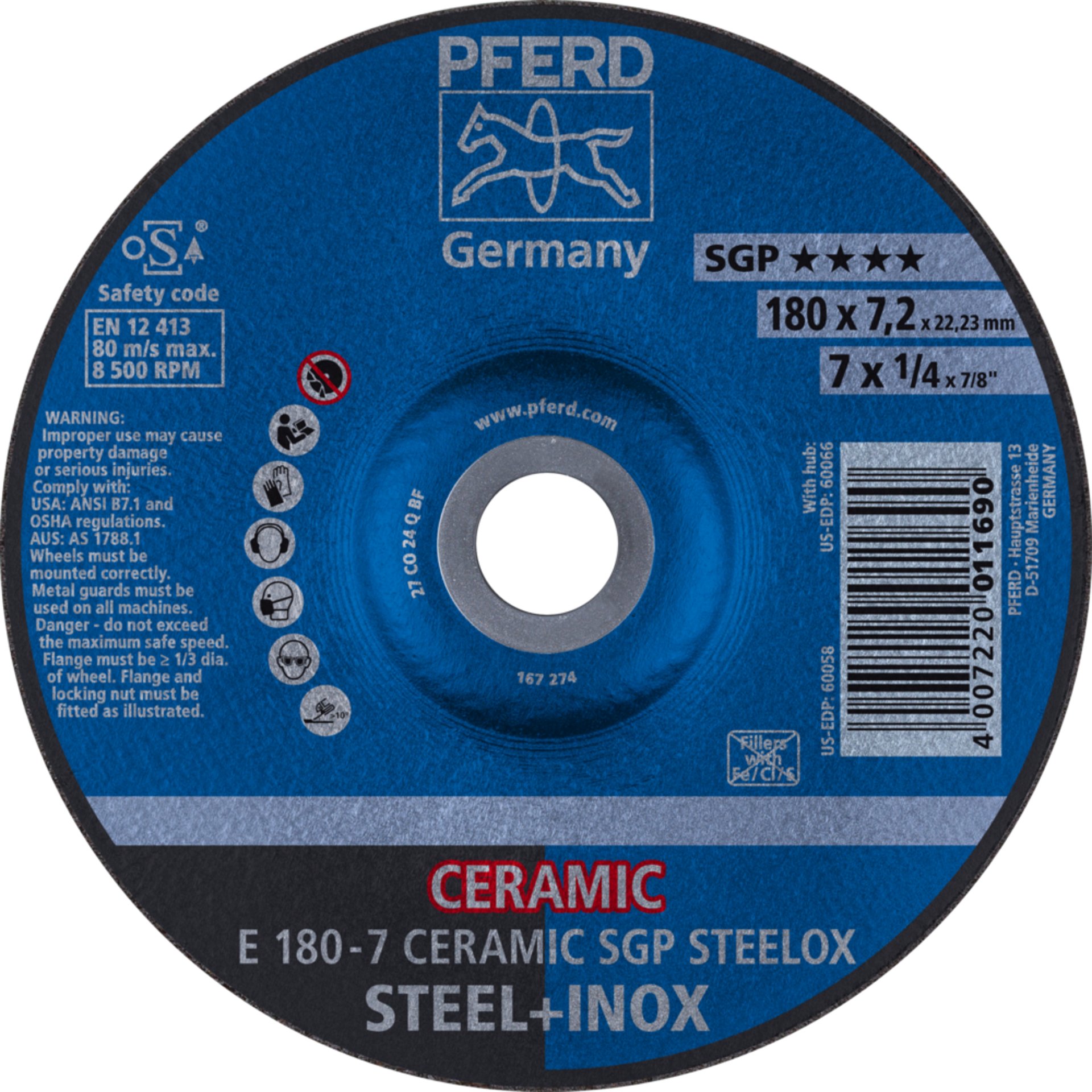 Pferd Schruppscheibe E 180x7,2x22,23 mm CERAMIC Leistungslinie SG STEELOX für