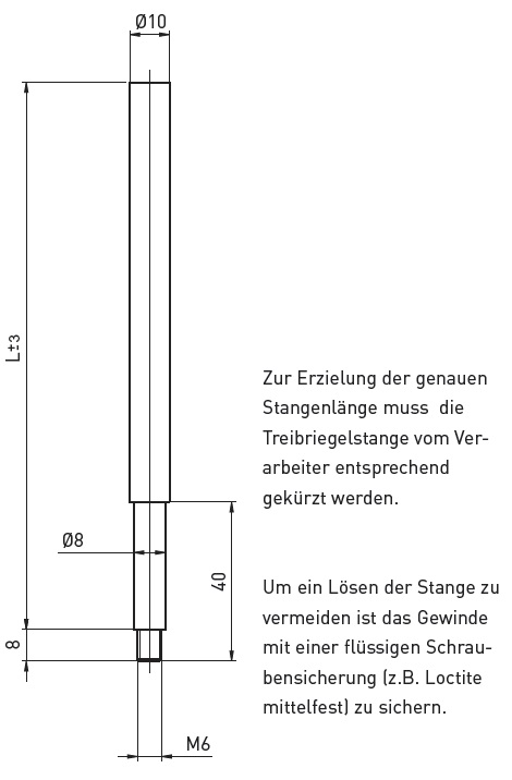 BMH Treibriegelstange unten massiv verzinkt, Gewinde M6