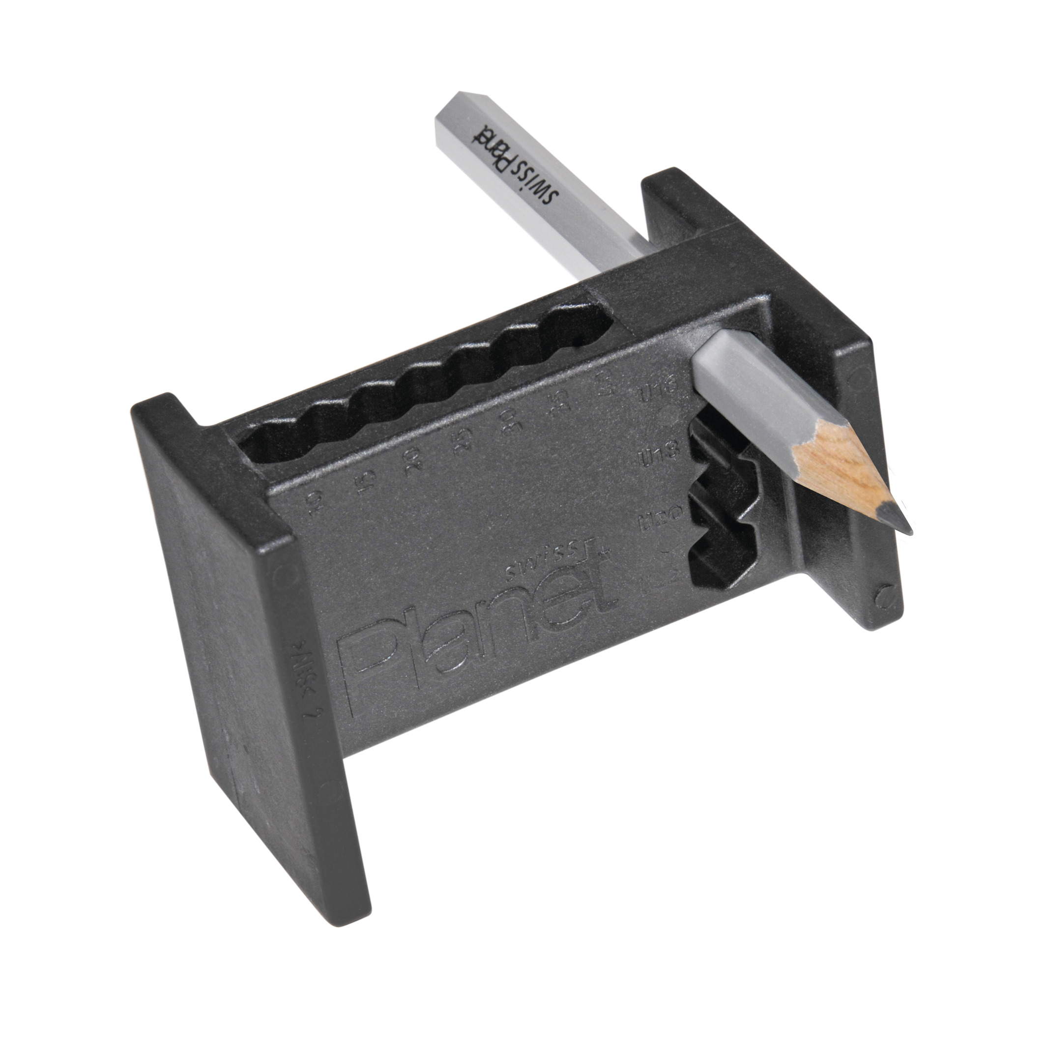 Planet Anreisshilfe Kunststoff schwarz Set inkl. Bleistift 901300, Bleistiftspitzer, Doppelschlitz-Schleifer, Bleistift, Abziehblock, Kunststoffgehäuse
