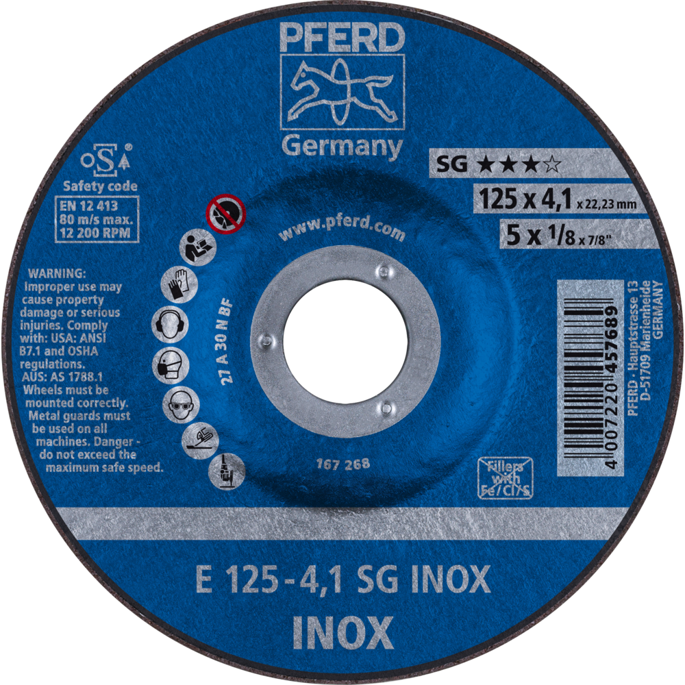 Pferd Schruppscheibe E 125x4,1x22,23 mm Leistungslinie SG INOX für Edelstahl