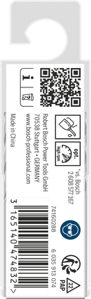 Bosch PRO HSS-G Metall Spiralbohrer 2,6 mm Packung., Verpackungsetikett, weißer Karton, QR-Code, Barcode, Aufhängeloch