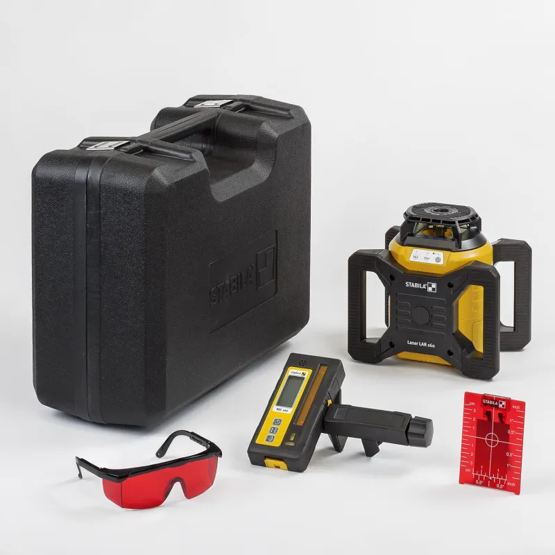Stabila Rotationslaser LAR 160, 7-teil. Set, selbstnivellierend, hohe Nivelliergenauigkeit ± 0,1 mm/m, wasser- + staubdicht IP 65, inkl. Set-Receiver, Baustativ, Nivellierlatte, stabilem Tragekoffer